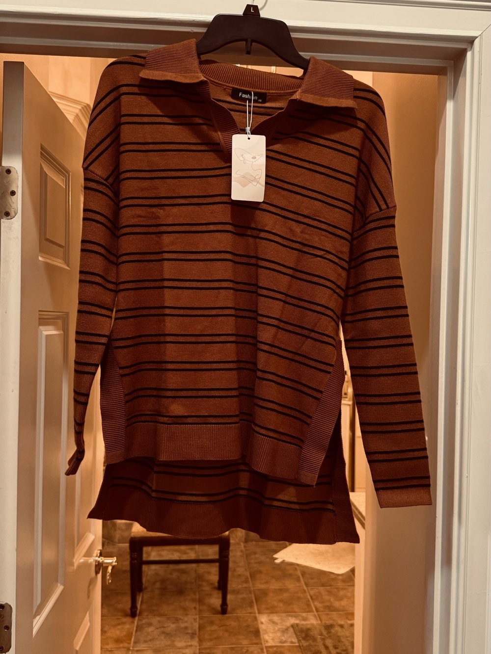 Classic Brown Striped V-Neck Women’s Pullover Sweater